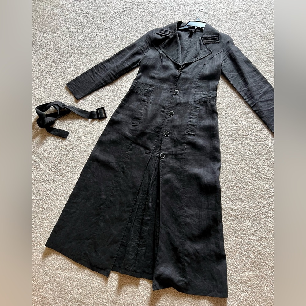 Black luxury linen, material, overcoat with belt light weight